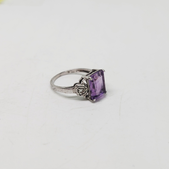 Vintage Art Deco Sterling Silver Emerald Cut Amethyst Diamond Accent Ring 6.25 - Picture 4 of 10
